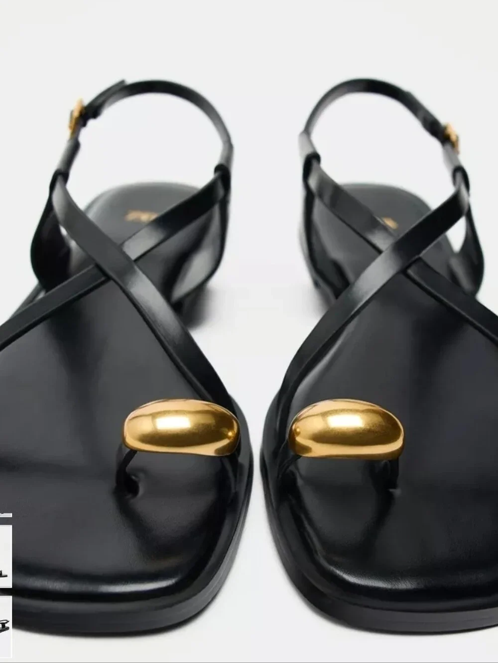 ​ZARA Black Flat Sandals Gold Toe Loop Hardware Size US 6.5 EU 37 New With Tags - Picture 6 of 11